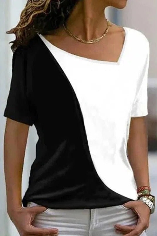 Color Block Irregular V-neck Short Sleeves T-shirt